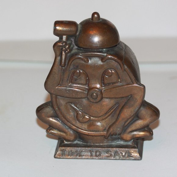 Vintage Alarm Clock Comical Character Coin Bank Time to Save Metal - Picture 1 of 4